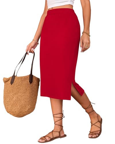 Image of Naggoo Midi Skirts for Women Summer Elastic High Waisted Side Slit Long Skirts
