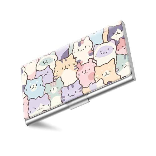 Business Card Holder, Stainless Steel Card Case, Metal Men's and Women's Business Card Case, Cute Buckle Style Card Holder, Wallet Credit ID Case for Office Colorful Cats - Main Image