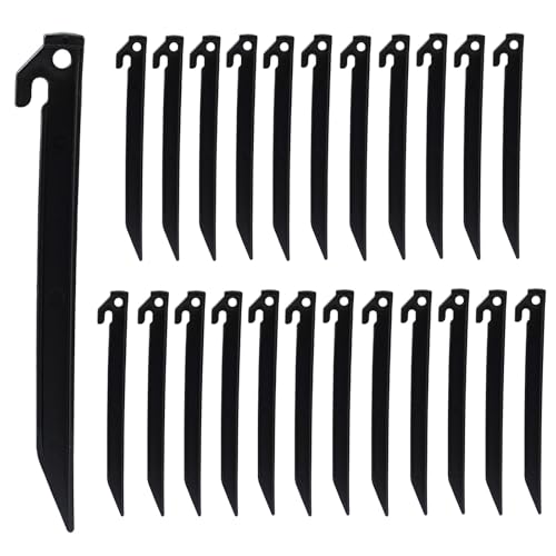 Moicstiy 24 Pack Plastic Tent Stakes, 8.8 Inch Black Tent Spikes Hook Durable Garden Landscape Stakes for Camping, Gardening, Outdoor Beach