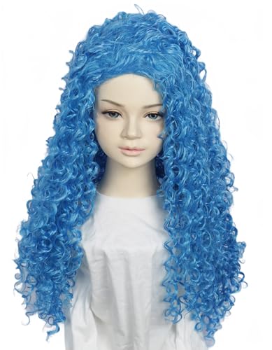Linfairy Long Blue Princess wig Halloween Party Cosplay Costume Wigs Small Size with Gems Face Stickers