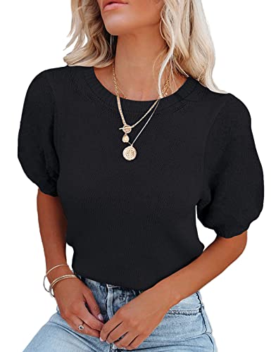 Image of Womens Short Sleeve Sweaters Crewneck Knit Pullover Tops 2025 Summer Casual Lightweight Crochet Blouse Shirt