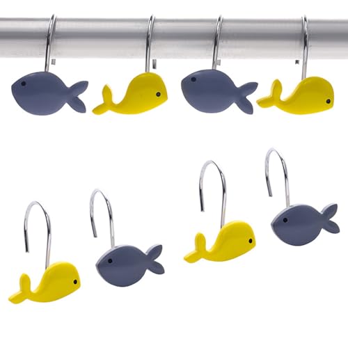 YRMLYMOP Kids Shower Curtain Set,12 Pcs Fish Shower Curtain Hooks Lovely Kids Curtain Whale Shower Curtain Hooks Creative Resin Shower Hook Fish Ocean Decor