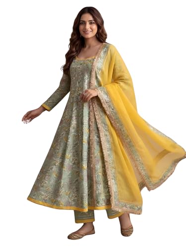 Image of Leriya Fashion Women's Rayon Printed Anarkali Kurta and Pant with Dupatta Set | 3-Piece Printed Anarkali Kurti Set | Ethnic Festive & Office Wear Suit for Women | Elegant Suit Set for Woman