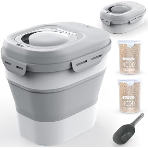 Rice Storage Containers, Collapsible 20-50Lbs Food Storage Bin with Rolling Wheel Airtight Lid,Flour Storage Container with Small Food Container & Scoop for Flour, Sugar, Cereal and Dog Cat Pet food Cover