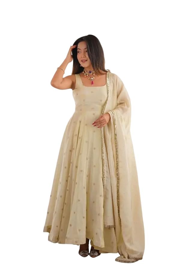 Women's Beautiful Cosmos Gold with Embroidery Work Gown Pant & Dupatta Set Anarkali Gown, Sleeveless Ethnic Gown and Dupatta Set Gown for Wedding