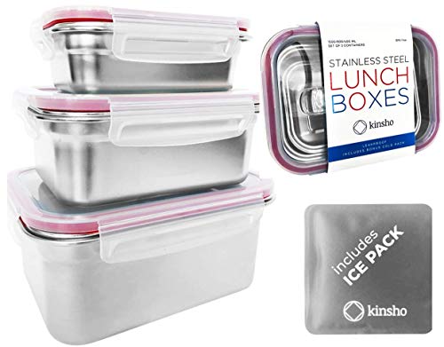 Kinsho Stainless Steel Lunch Box Food Prep Storage Containers with Lids & Ice Pack Metal Container Stackable Boxes Adults Sandwich Salad Keto Snack or Meal Leakproof Bento Set of 3 Small - Large