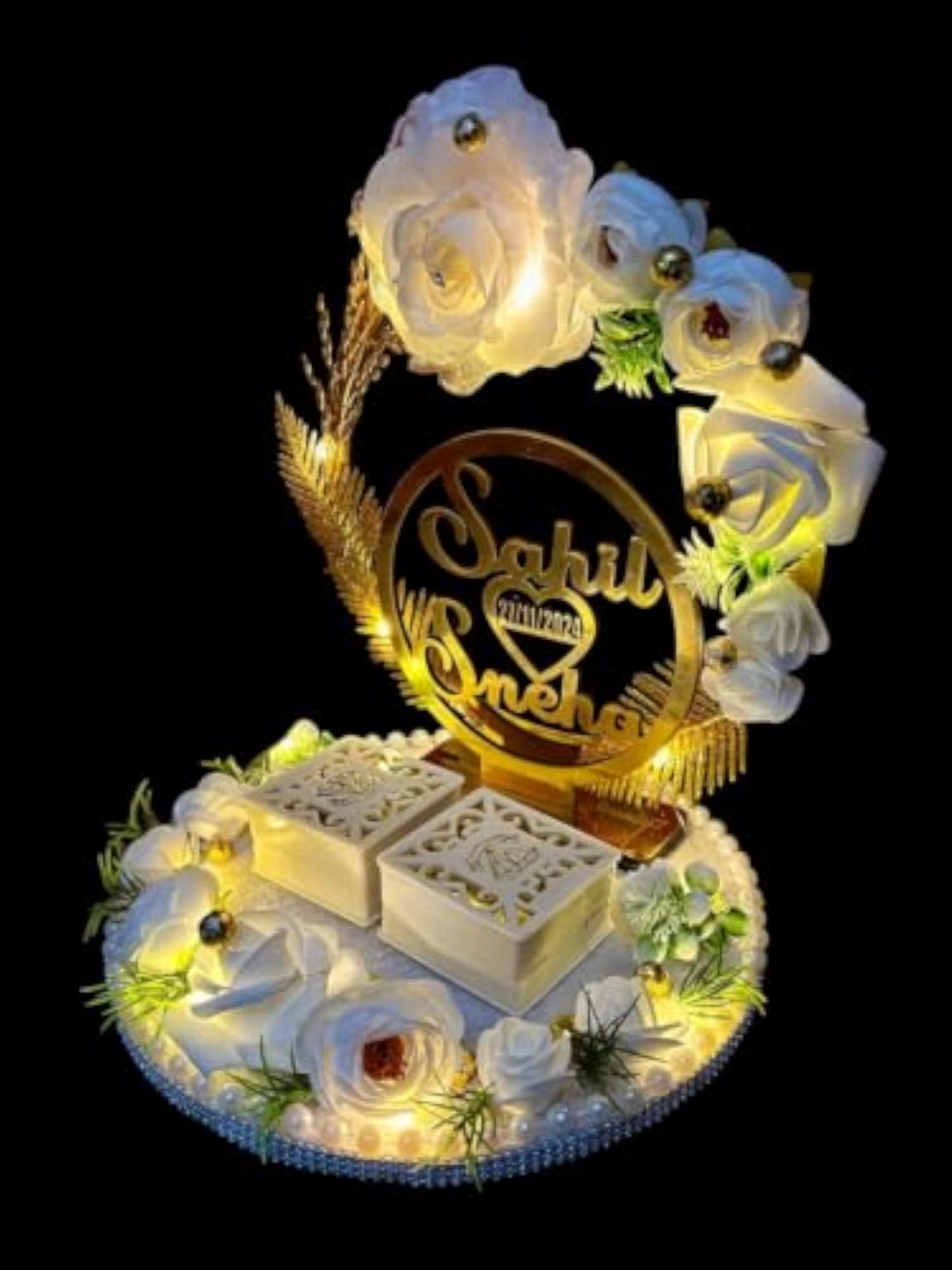 Personalized Wooden Flower Design Engagement Ring Tray
