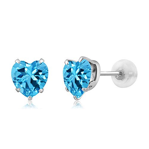 10K White Gold Swiss Blue Topaz Gemstone Birthstone Stud Earrings (1.90 cttw, 6MM Heart Shape)