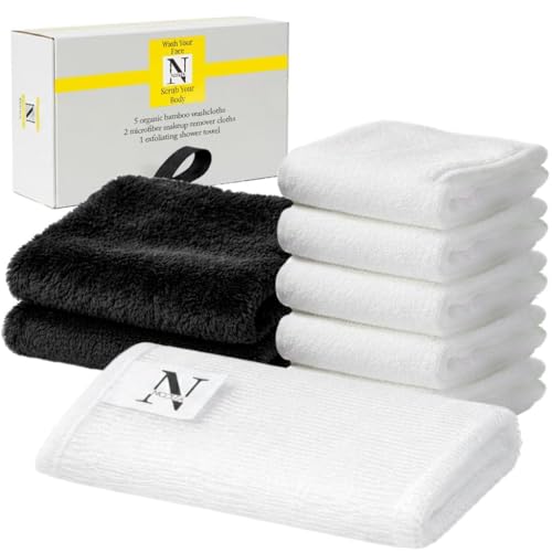NICOLEA 100% Organic Bamboo Facial Cloths & Skincare Set - 8 Piece Luxury System: 5 Bamboo Viscose Facial Towels 2 Microfiber Makeup Remover Cloths & 36 Exfoliating Shower Towel Premium Skincare
