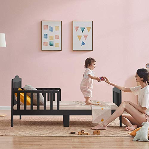 Costzon Toddler Bed, Classic Wood Kids Bed Frame W/Double Safety Guardrail, Low To Floor Design, Wooden Slat Support, Fits Full Size Crib Mattress, Bedroom Furniture For Boys & Girls (Black) #TOP6