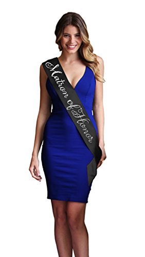 Wedding Rehearsal Dinner Supplies - Rhinestone Flirty Matron of Honor Black Satin Sash - Bridal Party Gifts - Black