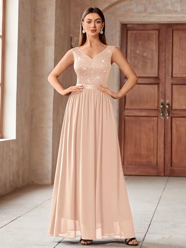 Image of Miusol Women's Sexy Deep V-Neck Sequin Lace Double Sleeveless Evening Party Maxi Dress