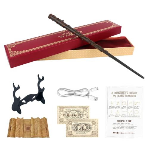 Hojalis Varita Hermione Granger, 35cm Hp Varita Hecha De Resina Y Núcleo De Acero,Varita Mágica De Lujo Con Carga USB,Lujo Varitas Hp Caja De Regalo Con Tarjeta De Hechizo,Boleto De Estación Y Soporte