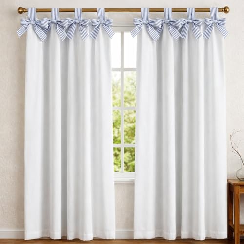 CrystalSylara Striped Coastal Bow Blackout Curtain Blue and White Coastal Curtains Cotton Beach Decorative Blackout Drapes for Living Room Bedroom Window Cotton 52 x 84 Inch 1 Panel