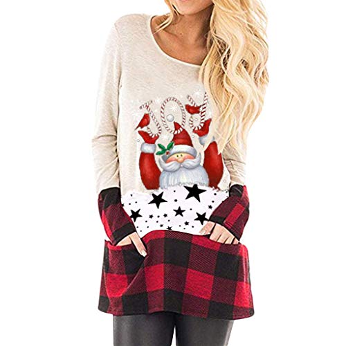 ZODOF Sudaderas navideñas Mujer Navidad Tops Empalme a Cuadros Dobladillo Impresión de Santa Claus Manga Larga Linda Blusa Sudadera Larga Mujer Blouse