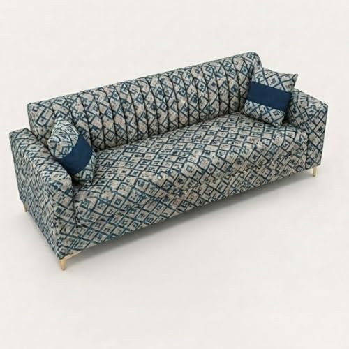 Image of FURNY Signature Regalia 3 Seater Sofa Set | Tapestry Fabric | 40D Foam + Zigzag Spring | 3-Yr Warranty (Lagoon Mosaic Blue) | Modern Living Luxury Sofa Set for Home, Office & Hotel Spaces