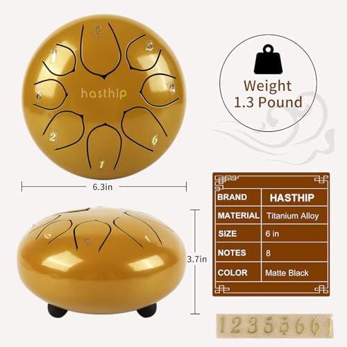 Image of HASTHIP 6-inch Steel Tongue Drum 8 Note, Percussion Instrument Handpan Drum with Bag, Music Book and Mallets for Kids and Adults Meditation Musical Education Concert Mind Healing Yoga (Gold)