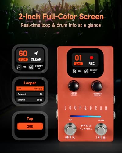 Image of FLAMMA FF03 Looper Pedal Drum Machine, Drum Looper Guitar Pedal with LED Indicators, 160 Min Recording, 121 Drum Grooves, 40 Loop Slots, Undo /Redo, Fade Out, Sync Mode, USB & Headphone Out