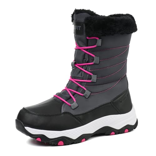 Suiyfit Snow Boots for Women Waterproof Mid-Calf Booties Winter Hiking Boot Durable Warm Fur Lined Boot Non-Slip Warm Climbing Shoes Walking, Cold Weather（Grey Rose Red-36）