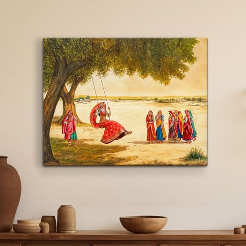 ArtX Paper Women on Swing Indian Village Scene Nature Wall Art Painting, Wall Decor For Living Room, Multicolor, Nature, 58.0 X 45.0 cm, Set of 1