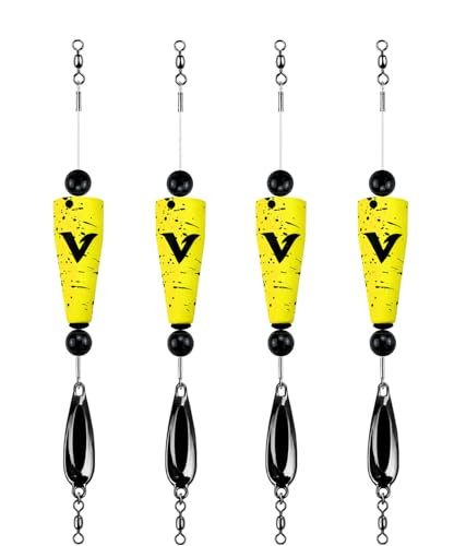 4 Pack Pre-Rigged Popping Corks for Fishing Nylon Line Saltwater Fishing Cork Float with Rattling Beads Weighted Popping Cork Rig for Redfish Trout Snook (Yellow with Black Splatter 3 (3/4oz))
