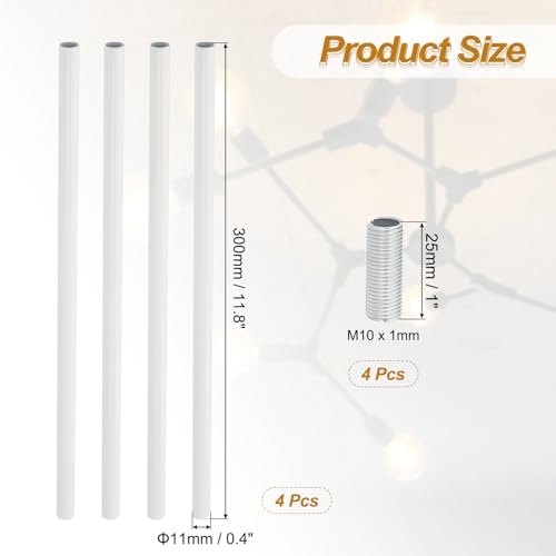 Image of PATIKIL Threaded Extension Rod, 4 Sets 12 inch M10 x 1mm Fine Thread Lamp Pipe with Lamp Pipe Nipples for Pendant Light Island Lighting Chandeliers Stems, White