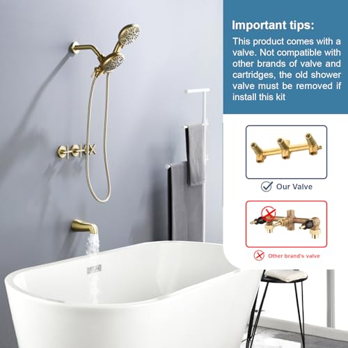 Image of 3 Handle Shower Faucet Set with Tub Spout Bathtub Shower Faucet Combo Set Shower System Complete Tub and Shower Trim Kit Shower Fixture Brushed Gold