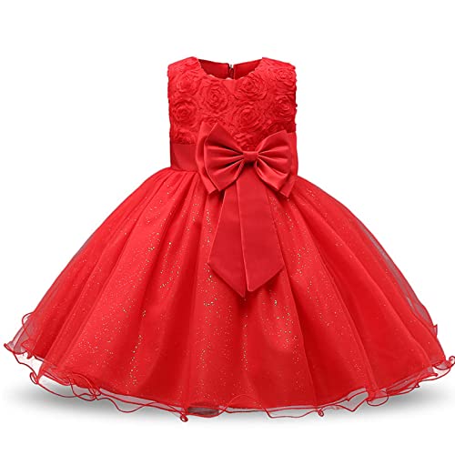 Discoball Girl Dress Princess Party Clothing Holiday Girls Dresses, 3D Rose Flower, Bow Sequins Tulle Dress Up for Kids Red