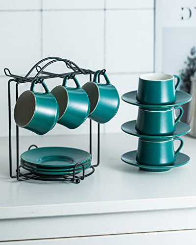 Yhosseun Porcelain Espresso Cup And Saucers With Metal Rack Coffee Cups For Double Espresso, Latte, Cafe Mocha, Americano, Tea, 4 Ounces Set Of 6, Dark Green #TOP2