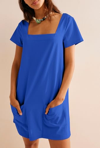 Image of AlvaQ Womens Solid Color Casual Summer Square Neck Short Sleeve Mini Dresses with Pockets