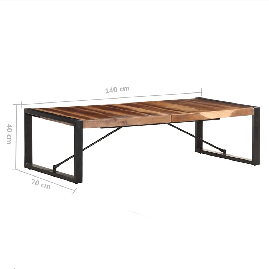Mesa de centro industrial de 140 x 70 x 40 cm de madera maciza de acacia y madera de caucho, patas de acero con recubrimiento en polvo para mayor estabilidad, grano de madera natural, pieza