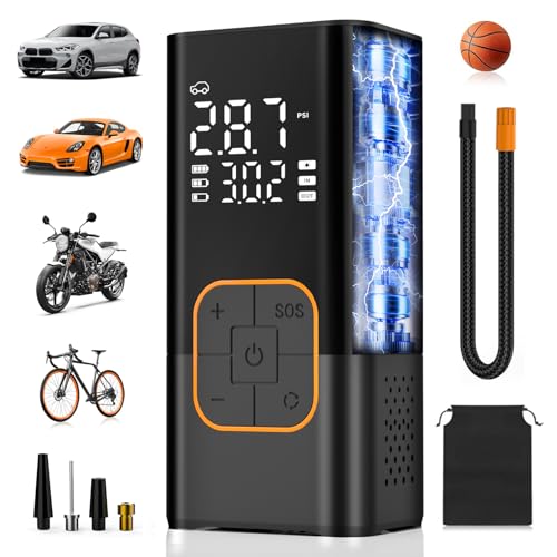 Tyre Inflator Air Compressor Cordless Electric Car Tyre Pump & Bike Pump with Dual Values Display Digital Pressure Gauge 150 PSI LED Light Portable Tyre Inflator for Car/Bicycle/Motocycle/Ball