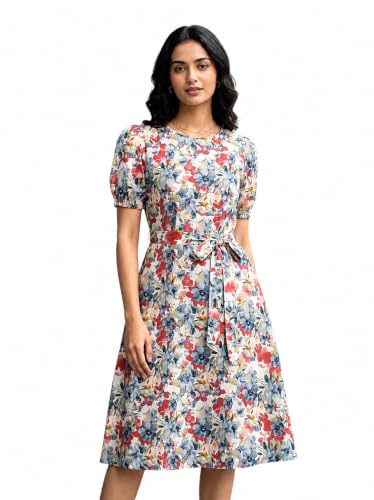 Image of HELLCAT Women Floral Fit & Flare Midi Dress | Round Neck, Puff Short Sleeve, Waist Tie-Up Belt | Casual Brunch Wear, Western One Piece, A-Line Long Frock, Summer Party Outfit