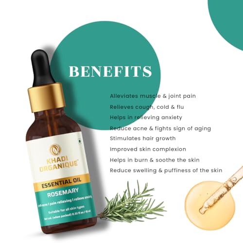Image of Khadi Organique Rosemary Essential Oil For Hair Growth, Anti-Acne & Glowing Skin | 100% Natural & Therapeutic Grade Aromatherapy | Undiluted, Steam Distilled, Diffuser, Massage & DIY Beauty - 15ml