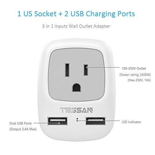 Tessan TS-AP2U-IL-GRAY Israel Power Adapter, Type H 3 Prong Grounded Travel Plug Adaptor With 2 Usb Phone Charger 1 American Outlet thumb #1