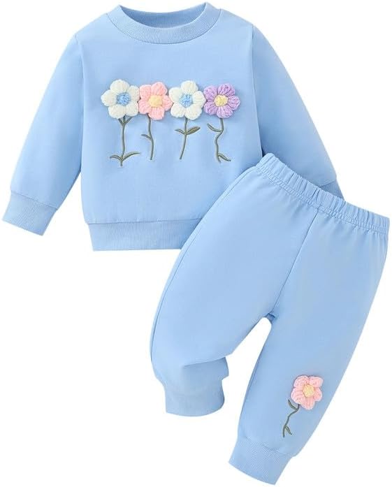 Toddler Girl Fall Winter Clothes Baby Crewneck Floral 3D Embroidery Sweatshirts Pants Set Long Sleeve Outfits Set