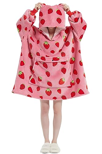VERTAST Übergroße Hoodie Decken Sweatshirt, Super Warmer Dicke Sherpa Deckenpullover Blanket Hoodie Kuschelpullover für Damen Herren, Rosa Erdbeere