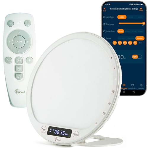 Bioset 10000 Lux Light Therapy Alarm Clock, Sunrise Wake-Up Light with APP & Remote, Built-in Lithium Battery, Portable Travel, Full Spectrum LED (CRI>95), UV-Free for Home Office