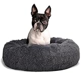 Calming Donut Dogs Beds for Medium Dogs up to 45 lb,30inch Anti-Slip Plush Round Dog Bed with Raised Rim,Fluffy Faux Fur Pet Bed for Cozy Sleep,Dark Grey