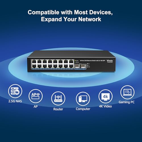 Image of 18 Port 2.5G Switch Unmanaged, 16 Ports 2.5Gbase-T Ethernet Switch+2X 10G SFP, 120Gbps Switching Capacity 2.5G Switch 16 Port , Fanless, for 2.5Gbps NAS, Wireless AP & PC, WiFi6 Router, Plug and Play