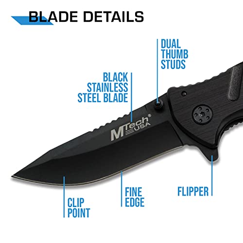 MTech USA Faca tática dobrável MT-424BK, lâmina de borda reta preta, cabo de alumínio preto, 11 cm f