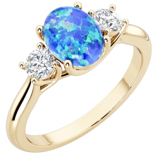 PEORA 3-Stone Oval Shape Created Blue Opal and Lab Grown Diamond Trellis Ring 14K White or Yellow Gold, 1.30 Carats total, Sizes 4 to 10