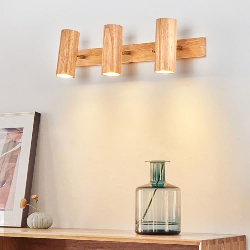 Adjustable Wood Track Lighting - Modern 3-Head LED Wall Sconce for Bathroom, Bedroom, Living Room & Hallway - Rotatable 21W/28W Long Rectangle Ceiling Lamp, 6000K Brightness