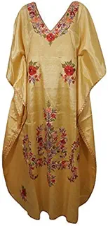Mogul Interior Women Maxi Dress Caftan Floral Embroidered Beige Plus Size Dress One Size