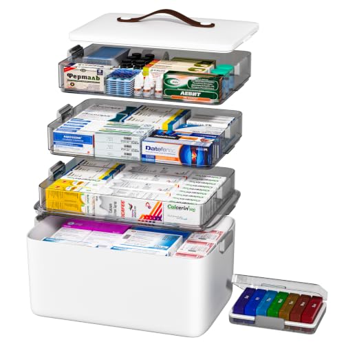 Image of JOYBOS Medicine Storage Box Organizer, Plastic, White, 4-Tier with Handle, Lockable, Waterproof, Airtight, Dustproof,