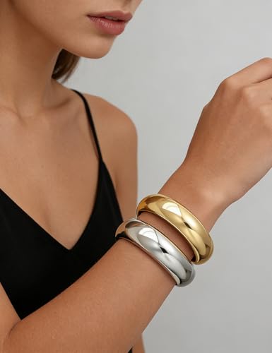 Image of Chunky Gold Bangle Bracelets for Women, Dainty 14k Gold Plated Big Stackable Bangles Set, Trendy Statement Cuff Bracelet Stack Fashion Jewelry Gifts