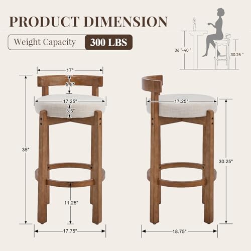 Image of LukeAlon Mid Century Linen Bar Stools Set of 2, 30.25 inch Seat Height Upholstered Barstools with Wood Legs Modern Tall Bar Chair with Curved Low Back Round Footrest for Pub Home Kitchen Island, Beige