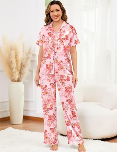 Image of SWOMOG Women Satin Pajamas Set Short Sleeve Top & Pants Sleepwear Silky Button Down Nightwear 2pcs Loungewear Pjs Set