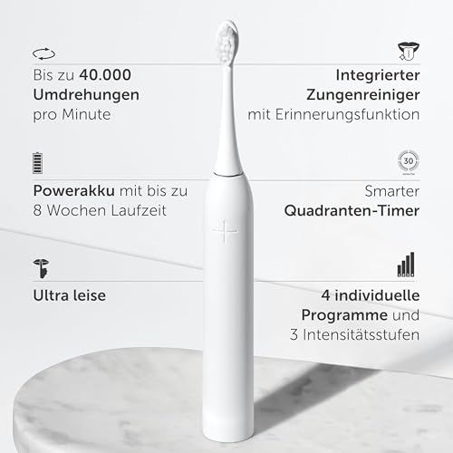WonderSmile Schallzahnbürste Pro - Testsieger 2026* - Elektrische Zahnbürste IPX8, 4 Programme - mit Ladestation & 60 Tage Power Batterie mit Smart-Bürstenkopf (All White) 2