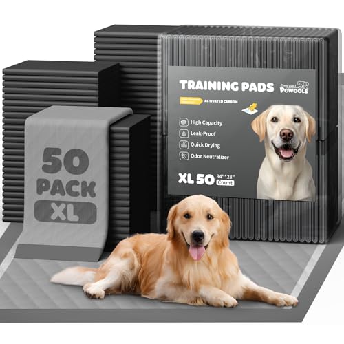 Image of Powools Charcoal Puppy Pads - 50 Packs, 34 inchx28 inch Ultra-Large Puppy Pads, Odor-Control Carbon Pee Pads for Dogs, 6-Layer Ultra-Absorbent & Quick-Dry Black Training Pads
